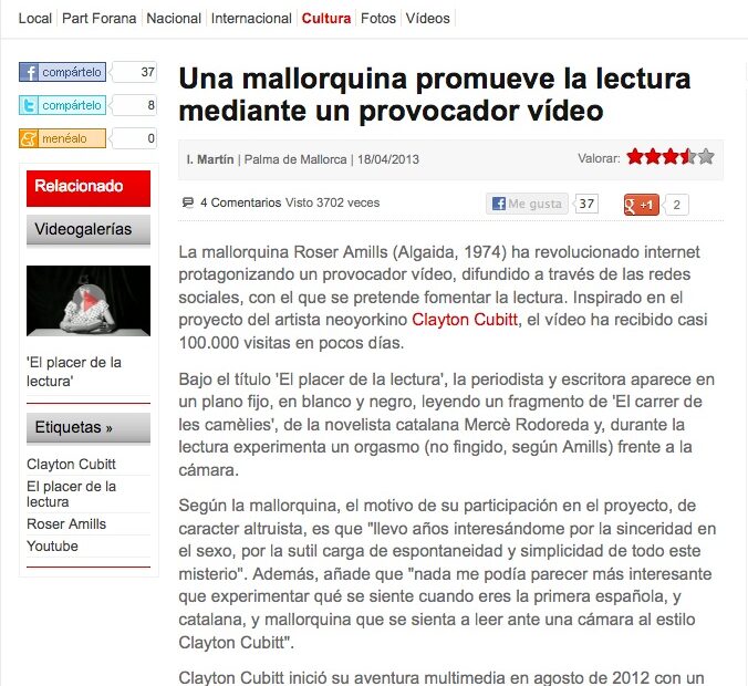 Noticia de Última Hora sobre el vídeo El plaer de la lectura, de Roser Amills, abril de 2013