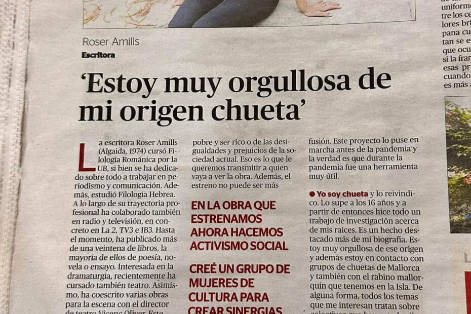 Página de Última Hora con la entrevista de Josep Maria Aguiló a Roser Amills, «Estoy muy orgullosa de mi origen chueta»