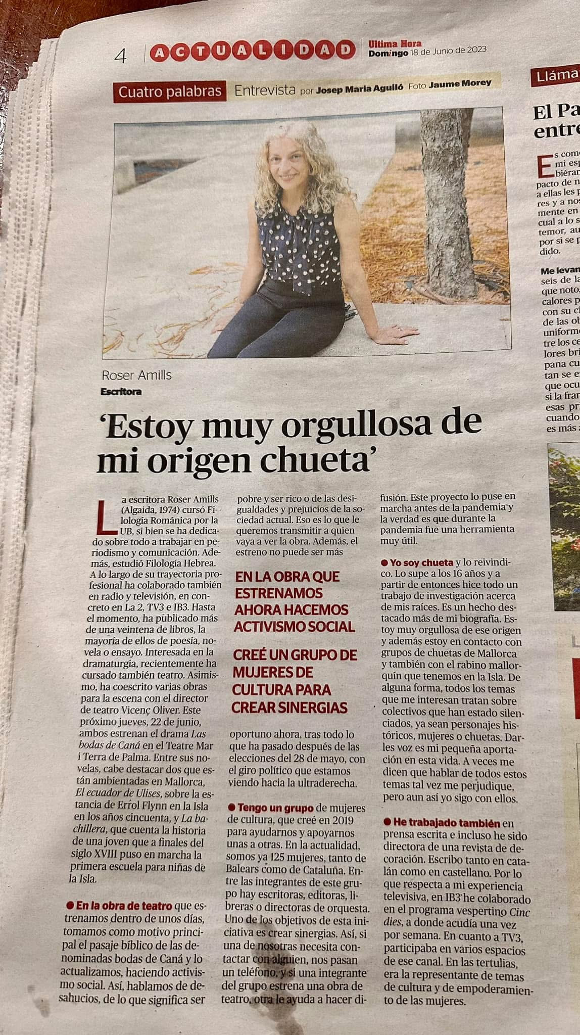Última Hora: Josep Maria Aguiló entrevista a Roser Amills, «Estoy muy orgullosa de mi origen chueta»