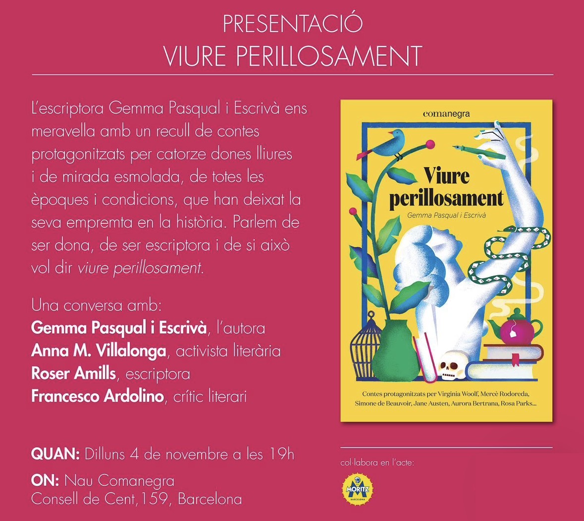 Invitación a la presentación de Viure perillosament, de Gemma Pasqual i Escrivà, en Comanegra, Barcelona, con Roser Amills