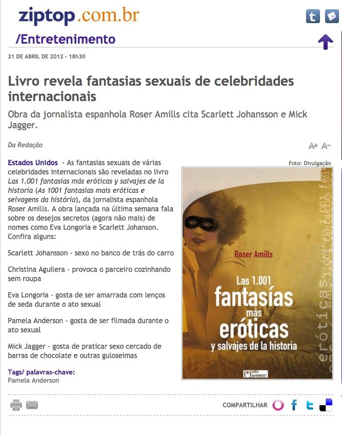 Página do ZipTop (Brasil) sobre o livro de Roser Amills com as fantasias sexuais dos famosos